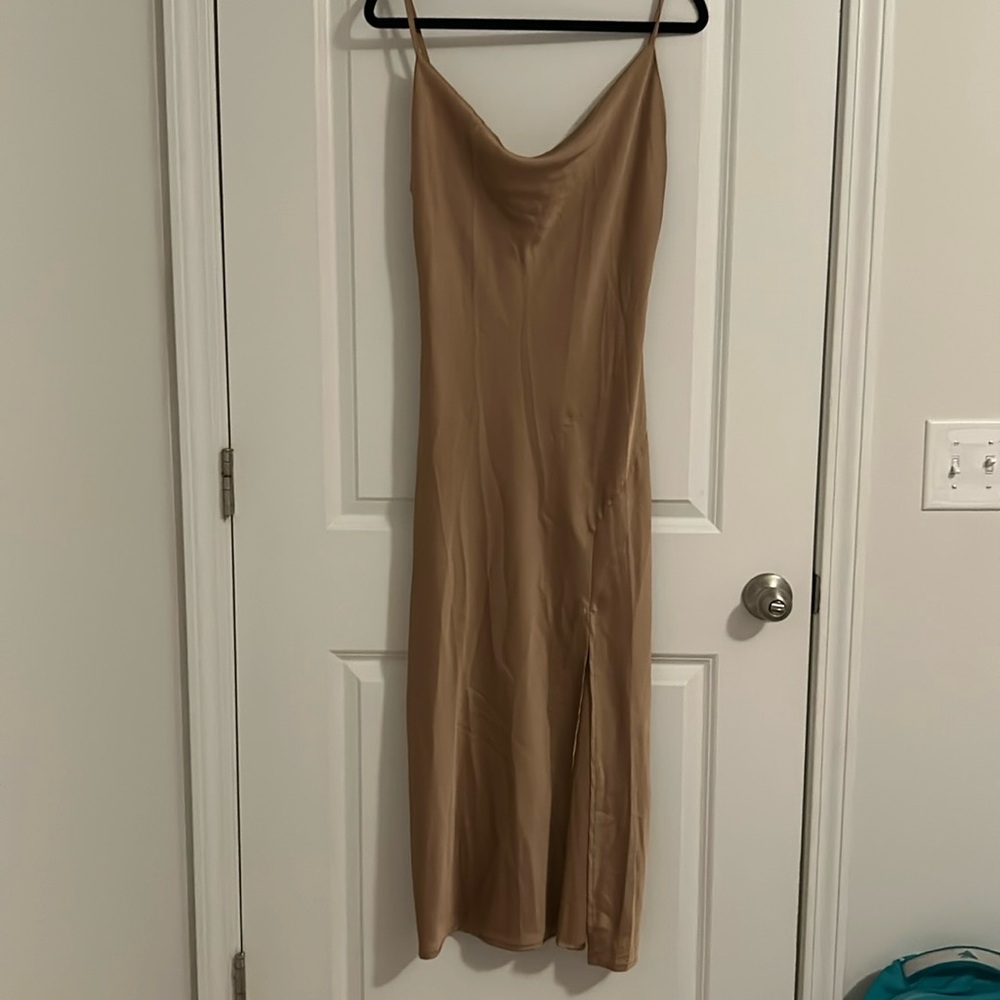 Silk brown dress with a side slit
